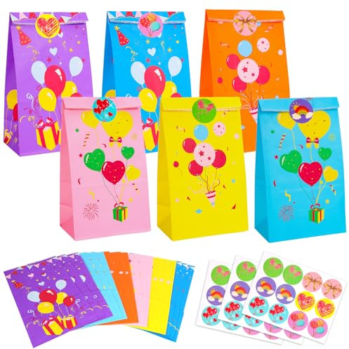 PHOGARY Sacchettini Compleanno, 24 Sacchetti Regalo di Carta con Palloncino + 36 Adesivi Palloncino per Feste di Compleanno, Borse per Bambini