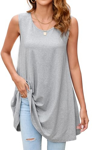 Enmain Grey Tank Tops for Women UK Ladies Sleeveless Tunics Summer Long Vest Tops for Leggings Solid Color Casual Loose Blouse Round Neck M