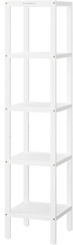 SONGMICS Bamboo Storage Shelf, 5-Tier Shelving Unit, Multifunctional, in the Hallway, Bathroom, Living Room, Balcony, Kitchen, 33 x 33 x 146 cm, Cloud White BCB055W01