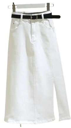HHNNL Gonna di Jeans Gonna in Denim Bianco per Donne, Vita Alta, Jeans Sottili, Gonne A Media Lunghezza, Divisione Laterale, A-Line