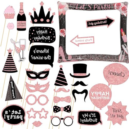 Girls Inflatable Selfie Frame Photo Booth with 30Pcs Props, Black Rose Gold Inflatable Picture Frame Blow Up Party Prop Kit for Girls' Birthday Party Decorations