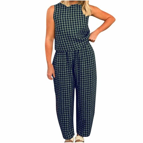 NSICBMNO Green Co Ord Sets For Women Summer Lounge Wear Sets Plaid Pyjamas Sleeveless Vest Tops Baggy Trousers 2 Piece Outfits Checked Pj Bottoms Cotton Tops Casual Tracksuit Gym Outfits Streetwear