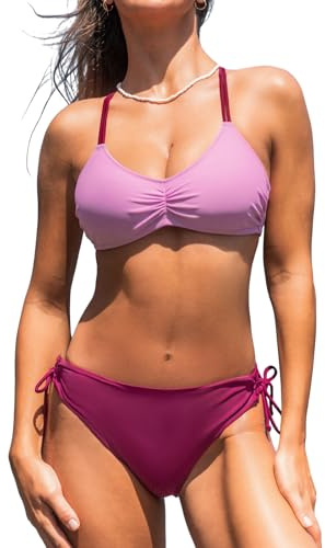 CUPSHE Women's Bikini Set Back Braided Straps Lace Up Bikini Reversible Bottom Two Piece Swimwear Bathing Suits Light Purple M