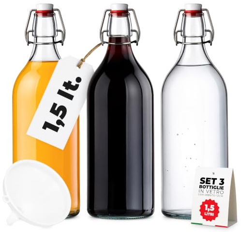 TUNDRA - Set 4 Bottiglie Vetro 1,5 litri con Tappo Ermetico e Imbuto | Bottiglie Vetro 1 5 litri da Tavola - Ergonomiche, Resistenti e Facili da Lavare - Bottiglie per Acqua, Vino, Liquori (4 Pezzi)