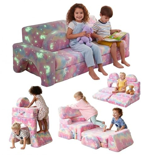 Kids Sofa Bed, 10-Piece Modular Toddler Chair Couch for Kid,Kids Play Sofa,Children Chairs Lounger Fold Out,2 Seater Baby Armchair Couch for Bedroom Playroom,Children Sofa Bed for Girls Boys (Unicorn)