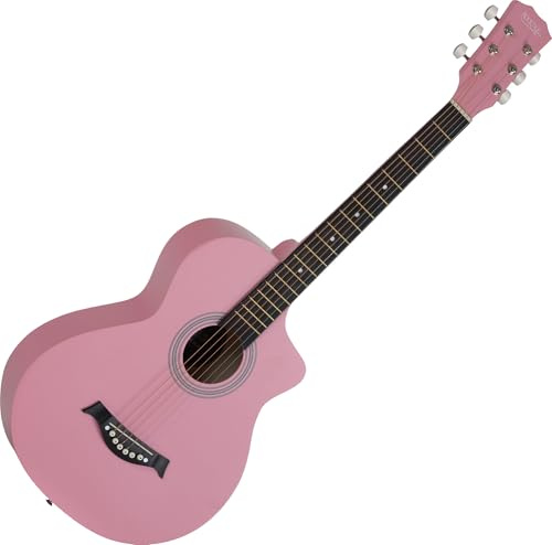 Rocktile Westerngitarre - 6 saitige kompakte Concert-Korpus Akustikgitarre mit Cutaway - Decke, Boden & Zarge aus Linde - Ideal für Einsteiger, Jugendliche & kleine Hände - Pink Seidenmatt
