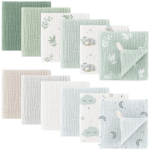 bearmoss Muslin Squares Cloths 100% Cotton Burp Cloth 25x25CM Large Ultra-Absorbent Burp Cloth, 12Pack (Forest)