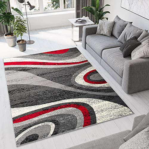 TAPISO Dream Teppich Wohnzimmer Kurzflor Modern Grau Rot Creme Wellen Streifen Meliert Verwischt Schlafzimmer Esszimmer ÖKOTEX 140 x 200 cm
