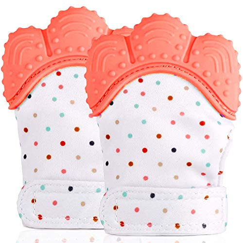 Beißhandschuh aus lebensmittelechtem Silikon, zum Beißen, verhindert Kratzschutz, beruhigende Schmerzlinderung, stimulierendes Beißspielzeug für Babys, Orange, 2 Stück