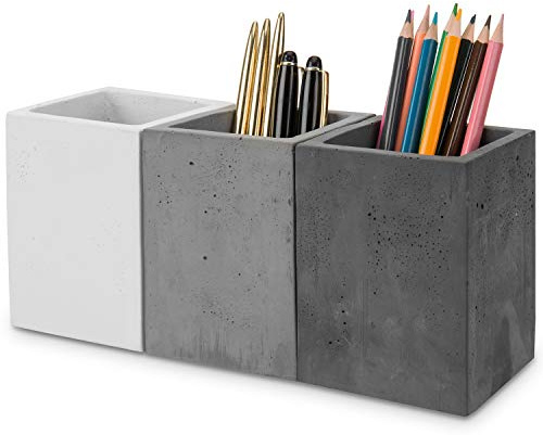 MyGift Pen Holder Pencil Holder For Desk,Pen Cup Holder For Desk,Concrete Desktop Pencil Cup,Modern Gray-Tone,Set of 3
