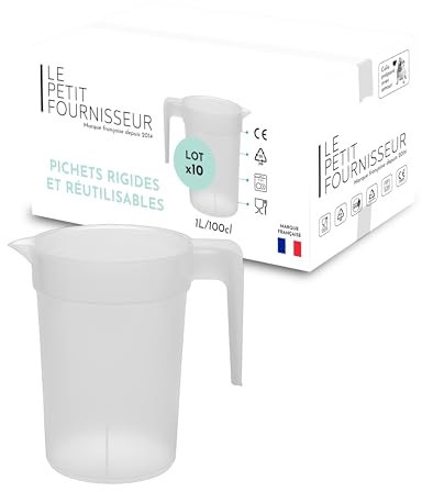 LPF LE PETIT FOURNISSEUR - Lot de 10 Pichets réutilisables 1 Litre - Polypropylène plastique alimentaire rigide (PP) - Carafe à eau, thé glacé, boissons - Compatible lave-vaisselle - Transparent Givré