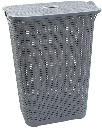 75L Laundry Hamper Storage Linen Clothes Washing Basket Lid Plastic Rattan Style (Grey)