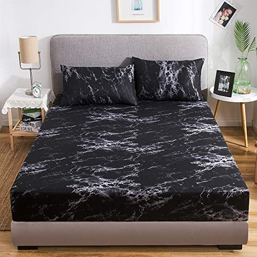 Damier Marmor Spannbettlaken 140x200cm Schwarz Weiß Marmor Muster Spannbetttuch Weiche Mikrofaser Boxspringbett Bettlaken geeignet für Matratzen von 30cm