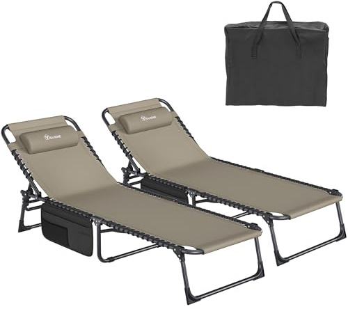 YITAHOME Lettino da Sole Pieghevole Set di 2 Lettino da Spiaggia Regolabile 4 Posizioni, Lettino Prendisole con Poggiatesta e Tasca Capacità di Carico 300lbs per Giardino, Spiaggia, Campeggio, Cachi
