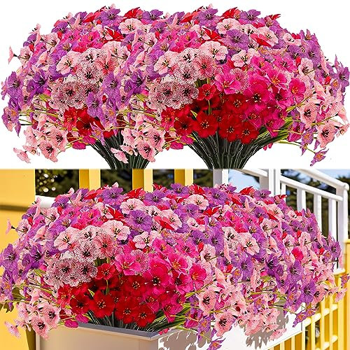 Kinisty Kunstblumen für Außen 16 Bündel Künstliche Blumen Outdoor Balkonpflanzen Wetterfest Plastikblumen wie Echt für Balkon Balkonkasten Garten Freien(Rot Rosa Pink Lila)