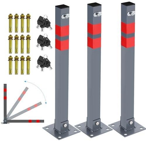 Eulenke 3 X Borne de parking pliante, poteaux de stationnement pliables, barrière de parking avec bandes d'avertissement, serrure poteau de clôture avec 9 clés, borne de parking en métal