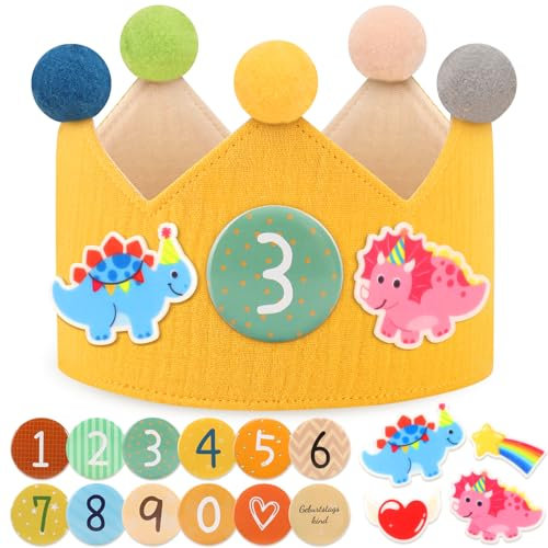 POOTACK Corona Compleanno, Cappello da Festa - 12 Bottoni a Strappo con Numeri, Cappellini Festa Compleanno Bambini con Decorazioni in Feltro a Tema Dinosauro, Corona Compleanno per Ragazzi e Ragazze