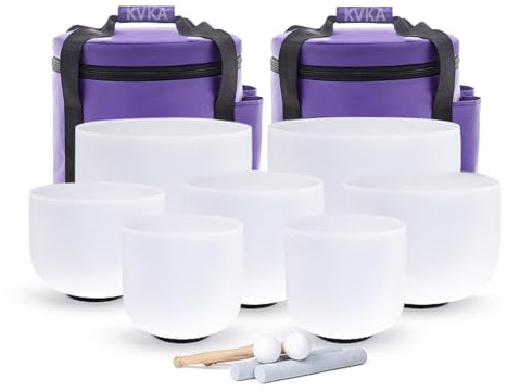 KVKA Set of 7pcs Frosted Quartz Crystal Singing Bowl 432hz 6-12 Inch Sound Healing Meditation Bowls with Carrying Case