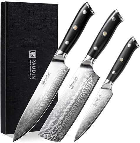 PAUDIN Set di 3 coltelli damascati in acciaio damascato ecologico e sostenibile, 67 strati VG10, con manico G10, coltello da cucina, coltello giapponese e coltello multiuso ad alta durezza