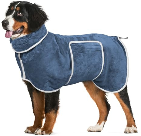 Dog Bathrobe Towel Drying Coat - Super Absorbent Dog Towels Bath Robe for Drying Dogs Large, Soft Adjustable Collar & Belly Strap Fast Drying Coat Pet Dog Cat Bath Robe Towel (Blue, Large)