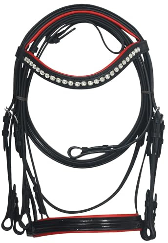 Sazaar Tack Weymouth - Briglie per cavallo, in pelle, doppie redini in pelle con imbottitura rossa, per cavallo completo, colore nero, ST-024 (cavallo completo)