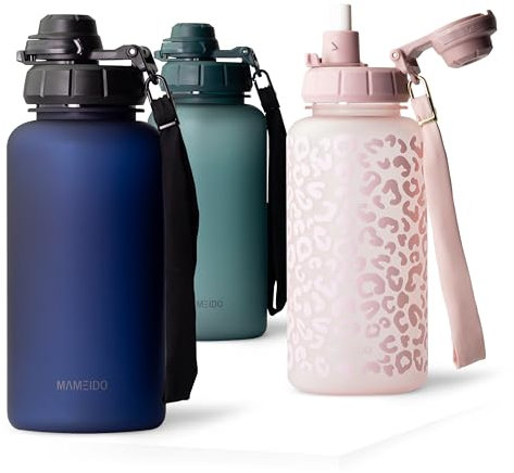 MAMEIDO Trinkflasche 1l mit Strohhalm & Zeitmarkierung als Trinkerinnerung, Wasserflasche auslaufsicher, Sportflasche BPA-frei, Gym Water Bottle, Flasche aus Tritan (Dark Night, 1000ml)