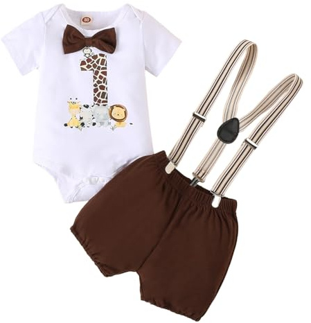 LUVCES Conjunto de Cumpleaños Bebé Niño My First Cumpleaños Manga Corta Pelele Caballero con Pajarita Top+ Tirantes Pantalones Cortos 2Pcs Conjuntos Ropa