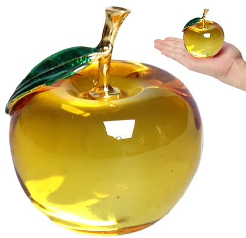 Gcroet Glasfrukt, Konstgjord Glas Äpple-Formad Kristallfrukt med Grönt Blad, Samlarföremål Konsthantverk Ornament Julaftonsgåvor för Barn, Gul.