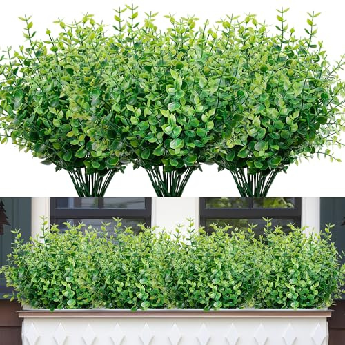 petalyn Faux Greenery Stems Plastic Artificial Boxwood, 20 Bundles Faux Boxwood Shrubs Outdoor Artificial Greenery UV Resistant for Farmhouse Office Garden Wedding Window Patio Porch Home Decor