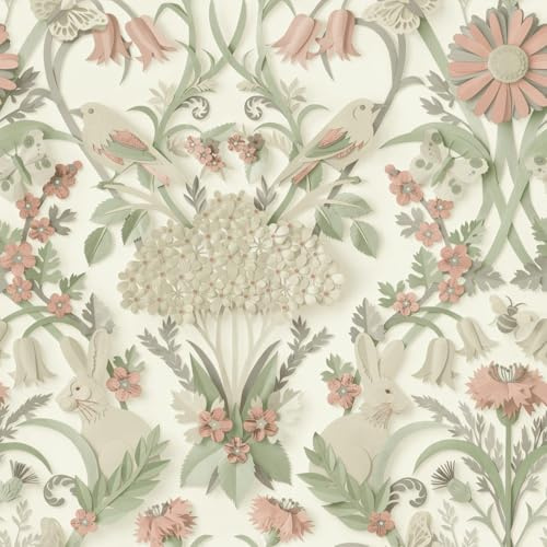 Sample Piece - Woodland Cream Pink Green Wallpaper - Animals Floral Natural 10.05m x 53cm Roll - Contemporary Sophisticated Versatile - Bedroom Dining Room Living Room
