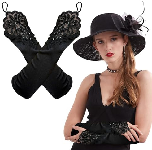 PUERFOCA Schwarze Spitze Opera Lange Handschuhe, 1920 Damen Satin Fingerlose Handschuhe, für Braut Frauen Hochzeit Abschlussball Party Halloween