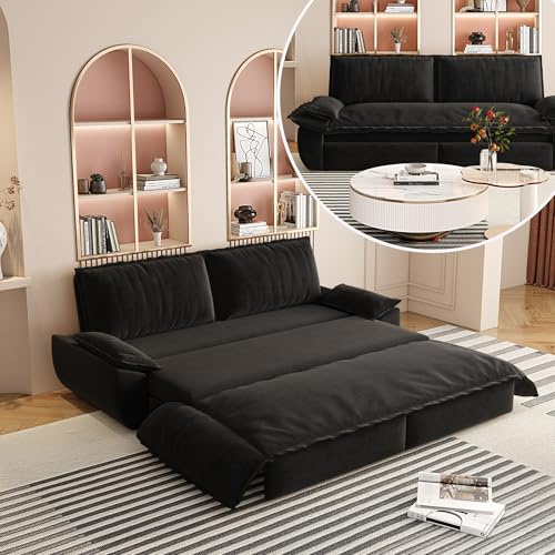 TCMILA 73.2‘’ Velvet Queen Size Sofa Bed, Loveseat 3-in-1 Convertible Sleeper Sofa Couch, Pull Out Sofabed, Space Saving, Black