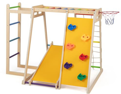 Maxmass 6 in 1 Kids Climbing Frame, Wooden Toddler Jungle Gym Playset with Rope Net, Slide, Monkey Bar, Basketball Hoop, Indoor Children Climbing Set Montessori Climber for 3-14 Years Old (Colorful)