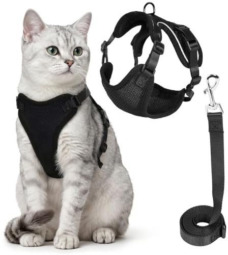 Aolso Arnes para Gatos, ArnesGatos Antiescape con Correa 150 cm, Reflectante Ajustable Arne Gato Transpirable Arnes para Perro Pequeño, ArnésGato Pequeño para Caminar Entrenar(Negro,M
