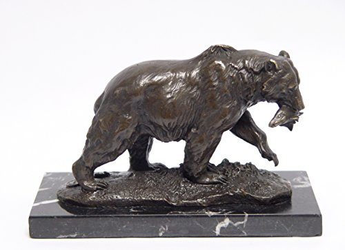 Decoratie bronsfigur skulptur Motiv: Grizzly björn med fisk i murgröna på marmorsockel brons längd 20 cm