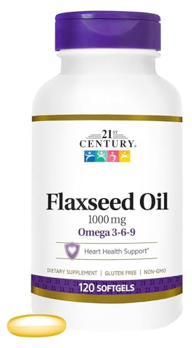 21st Century Flaxseed Oil 1000 mg Softgels (120-Count), Triple Omega 3-6-9 Fatty Acids for Heart Health Support, Gluten-Free & Non GMO Daily Dietary Supplement, No Artificial Flavors or Colors