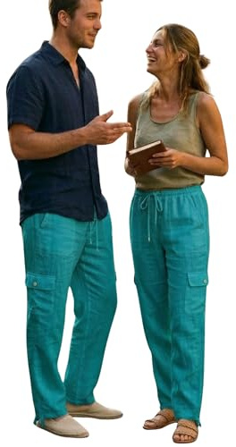 Pantalones de Verano Hechos de algodón, Comercio ético, Cintura elástica, Bolsillos. Turquesa.