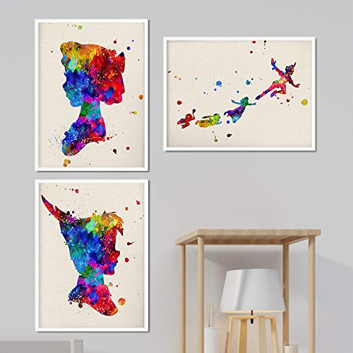 Nacnic Peter Pan Aquarell 3-er set Poster. Wasserfarbe Stil Wanddeko von Peter Pan, Wendy und Tinkerbell. Verschiedene mehrfarbige Kindergeschichten und Disney Film Bilder ohne Rahmen. Größe 30x40cm.