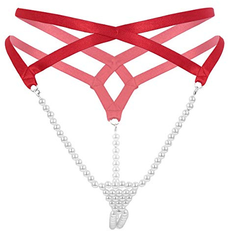 winying String Tanga Mini Femme Perle Massage sous-vêtement Érotique Lingerie de Nuit Culotte Ouvert Fesse Slip Taille Basse T-Back G-String Thong Briefs Underwear Rouge A Taille Unique
