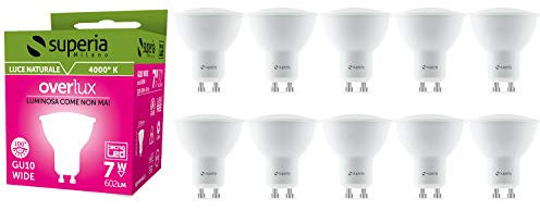 Superia Lampadina LED GU10 Wide 100°, 7W (Equivalenti 70W), Luce Naturale 4000K, 600 lumen,Faretto incasso, Schermo opale, Fascio luce Aperto WE6N, Pacco da 10