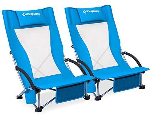 KingCamp Folding Beach Chair 2 Pack High Back Lightweight Portable Backpack Chair with Headrest, Cup Holder for Camping Outdoor Sand Concert Lawn Festival Sports, Blue