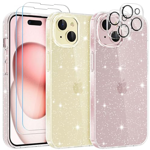 YIRSUR Glitter Clear Case Compatible with iPhone 15 with 2 Pack Screen Protector with 2 Pack Camera Lens Protector, Soft TPU Bumper Anti-Scratch Shockproof Transparent Sparkly Cover for iPhone 15