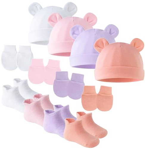 SEAUR Babymössa och vantar set 4 st babystrumpa och skyddshandskar mjuk söt stickad mössa för baby, flicka, pojke, 0-6 månader, B02 4 set (mössa + handskar + strumpor), 0-6 mois