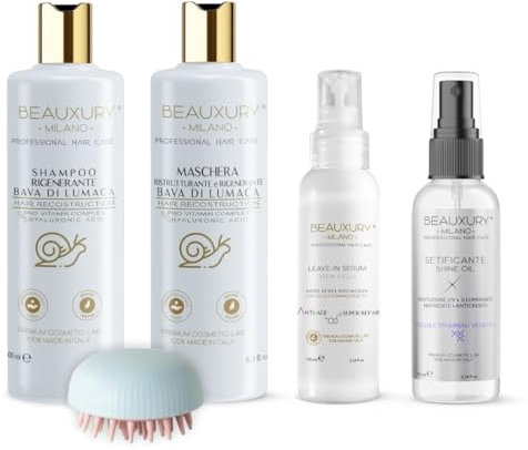 Beauxury Milano Kit Luxury Premium Professionale Shampoo, Maschera, Leave-in, Setificante e Spazzola Brush con Bava di Lumaca Ideale per Capelli Danneggiati da Tintura e Decolorazione.