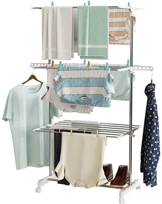 Hyfive Clothes Airer Clothes Drying Rack Indoor Clothes Horse Laundry Clothes Rack Clothes Dryer 3 Tier Foldable Space Saving With Shoe Rack For Easy Storage - Stainless Steel