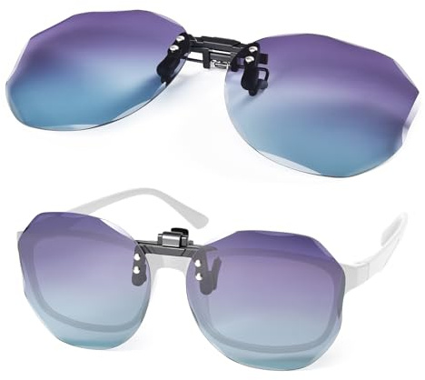 TINHAO Polarized Clip On Sunglasses for Women Men Over Prescription Polygon Flip up Sunglasses UV Protection(Purple Blue Gradient)