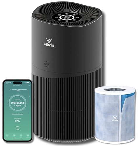 Vibrix PureFlow70 Pro Luftreiniger mit HEPA H14 Filter - APP-Steuerung Ionisator ohne Ozon, Leiser Schlafmodus Luftreiniger für Raucherzimmer Entfernt 99,999% Feinstaub, Ideal für Räume bis 150 m²
