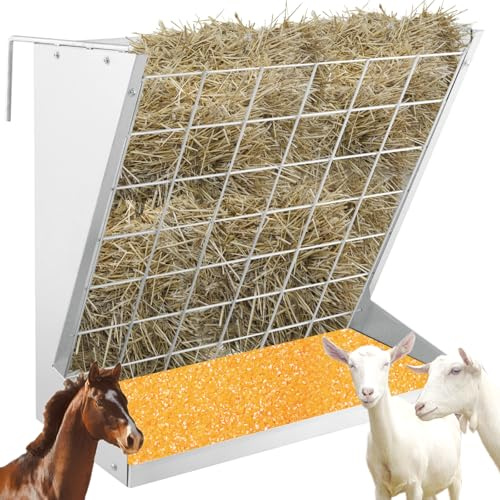 Maxmass 2 in 1 Hay & Grain Feeder, Heavy Duty Galvanized Steel Hay Rack with Distance Adjustable Hanging Hooks, Wall Mounted Livestock Food Feeder for Goat, Sheep and Horse, 71x33x70cm