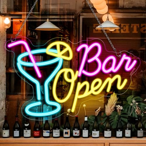 inShareplus Bar Open Neon Schild, Cocktail Leuchtreklame für Wand, Dimmbar Bar Schild mit USB-Betrieb, Open Schild für Bar, Hausbar, Club, Bistro, Party, Open Sign für Schaufenster Dekorationen