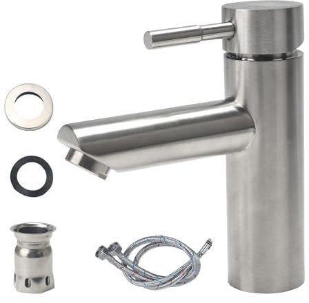 Minnhua Wasserhahn Bad Edelstahl 304, Waschtischarmatur Infache Montage, Armatur Badezimmer mit Schlauch, Mischbatterie Waschbecken für Badezimmer, Küche, Balkon (Silber)